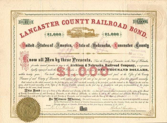 Lancaster County Railroad Bond - Railroad Bonds