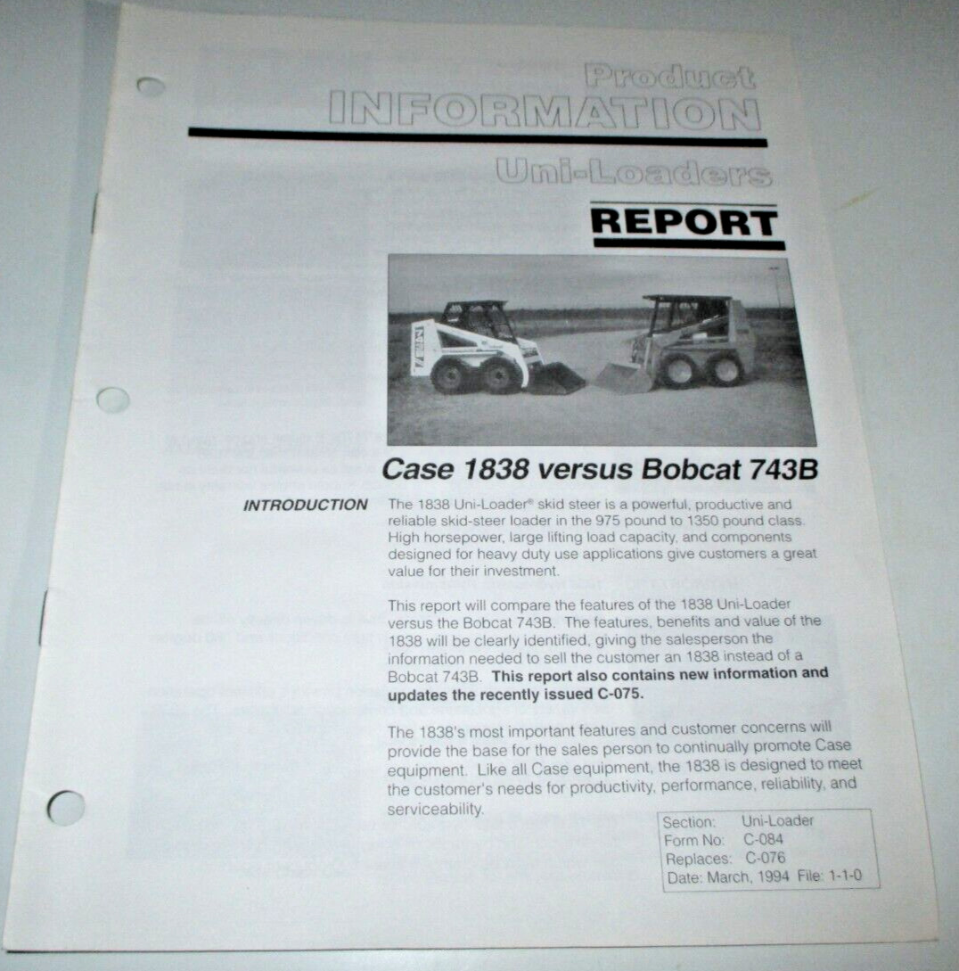 Case 1838 vs Bobcat 743B Skid Steer Uni-Loader Product Info Brochure Manual