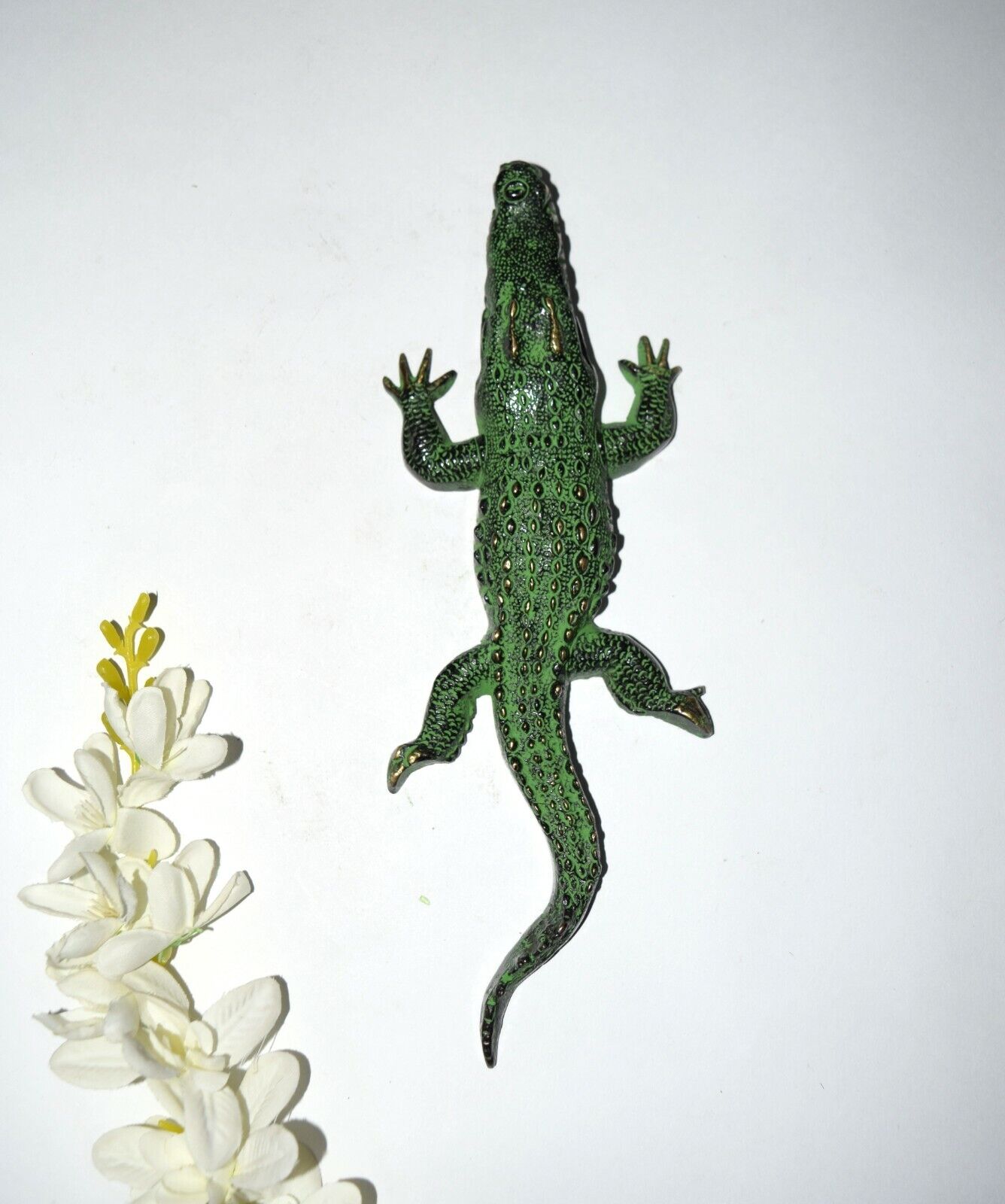 10.2'' Inches Alligator Statue Brass Green Crocodile Figurine Paperweight EK734 