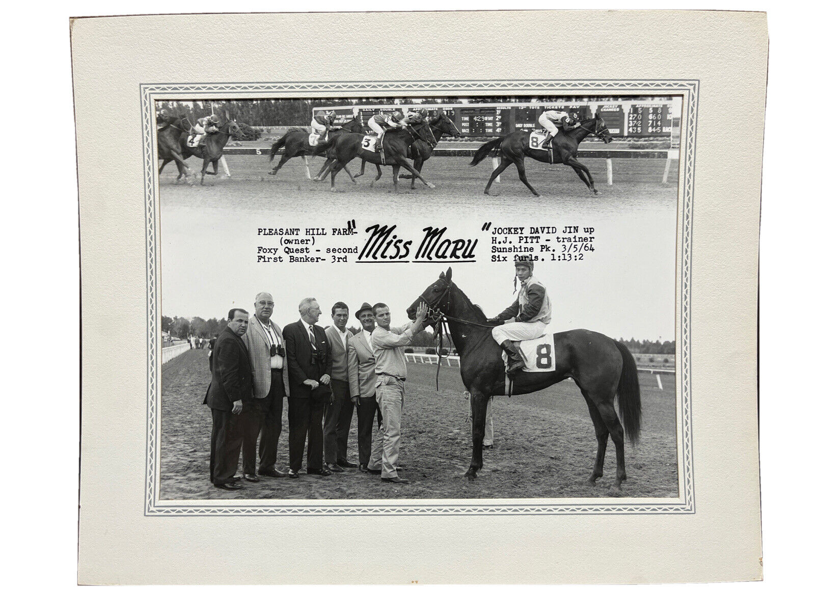 Rare Turfotos Horse Racing Mar 1964 “Miss Maru” 11”x14” Mounted Photograph B&W