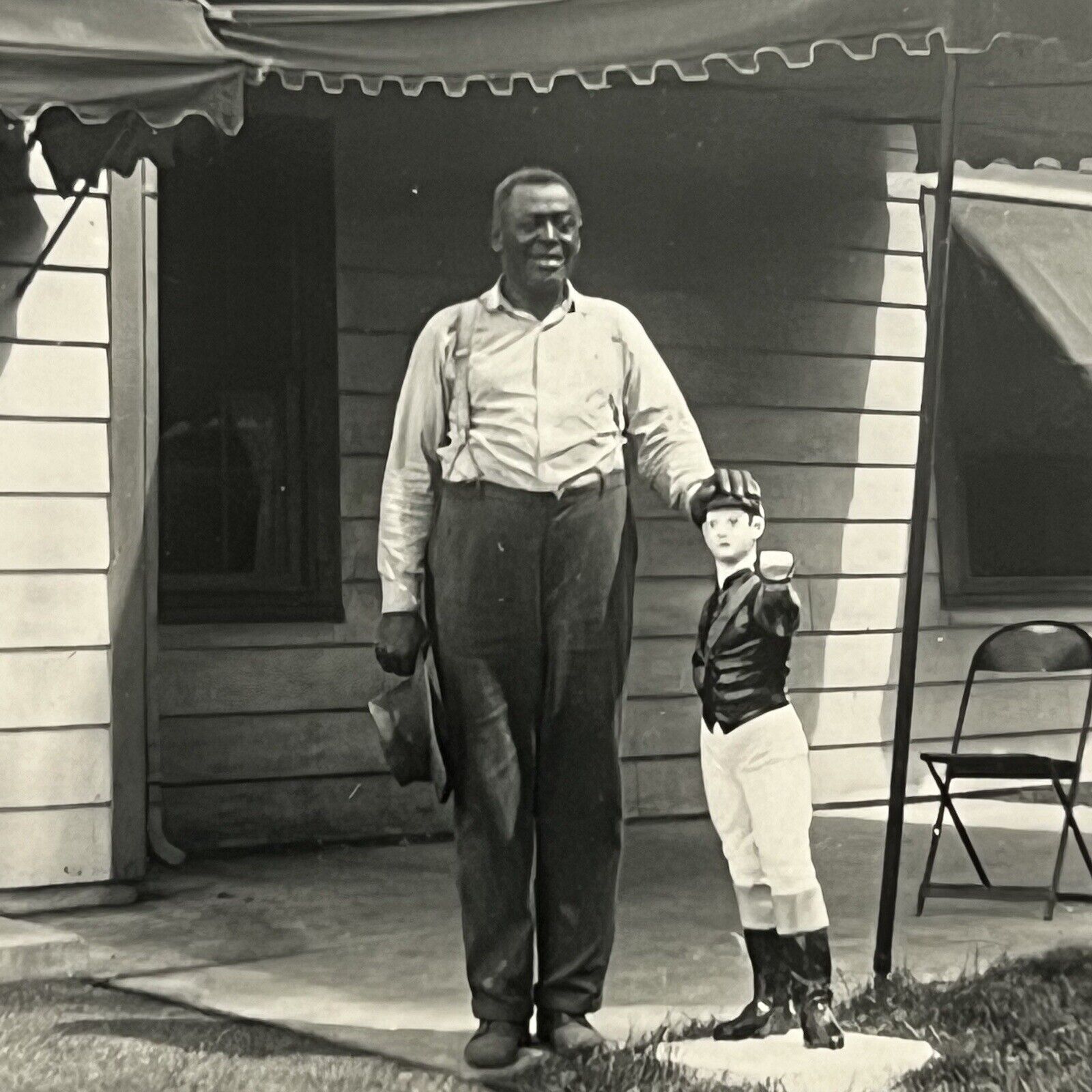 Vintage B&W Snapshot Photograph Black African American Man Next To Lawn Jockey