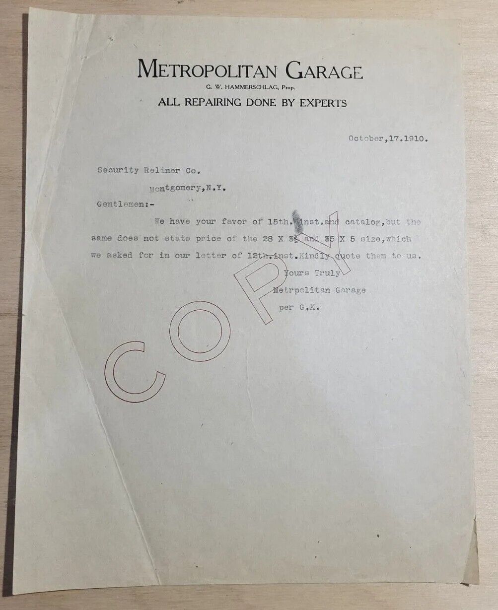 1915 Antique Document, Metropolitan Garage, NY,. 