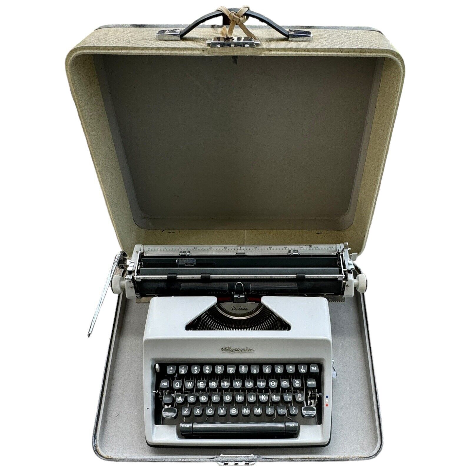 Vtg 60s Olympia SM9 Deluxe Typewriter  Two-tone Case Portable Works Writer White