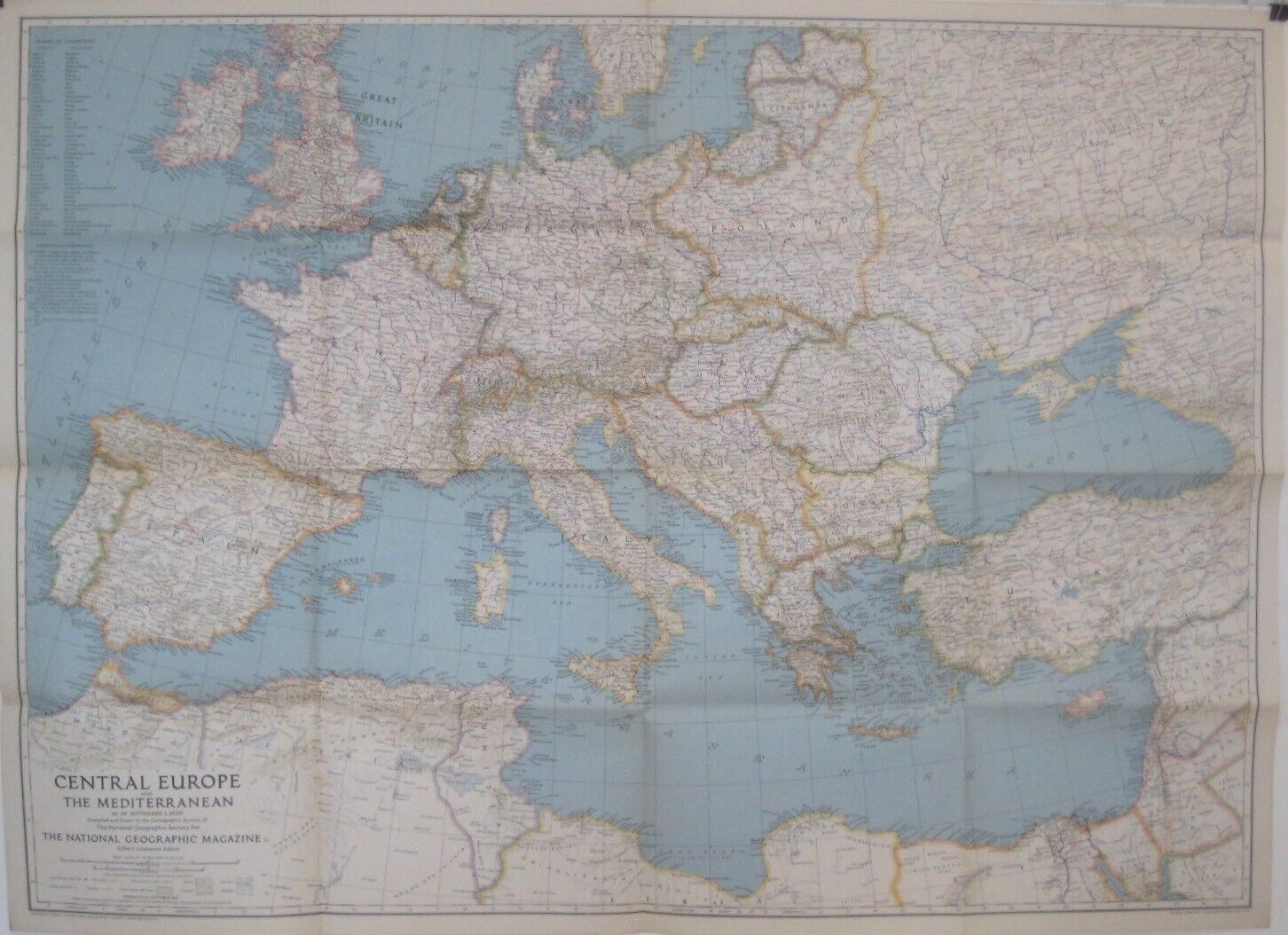 1939 Map CENTRAL EUROPE & MEDITERRANEAN Germany Poland Slovakia Palestine Levant