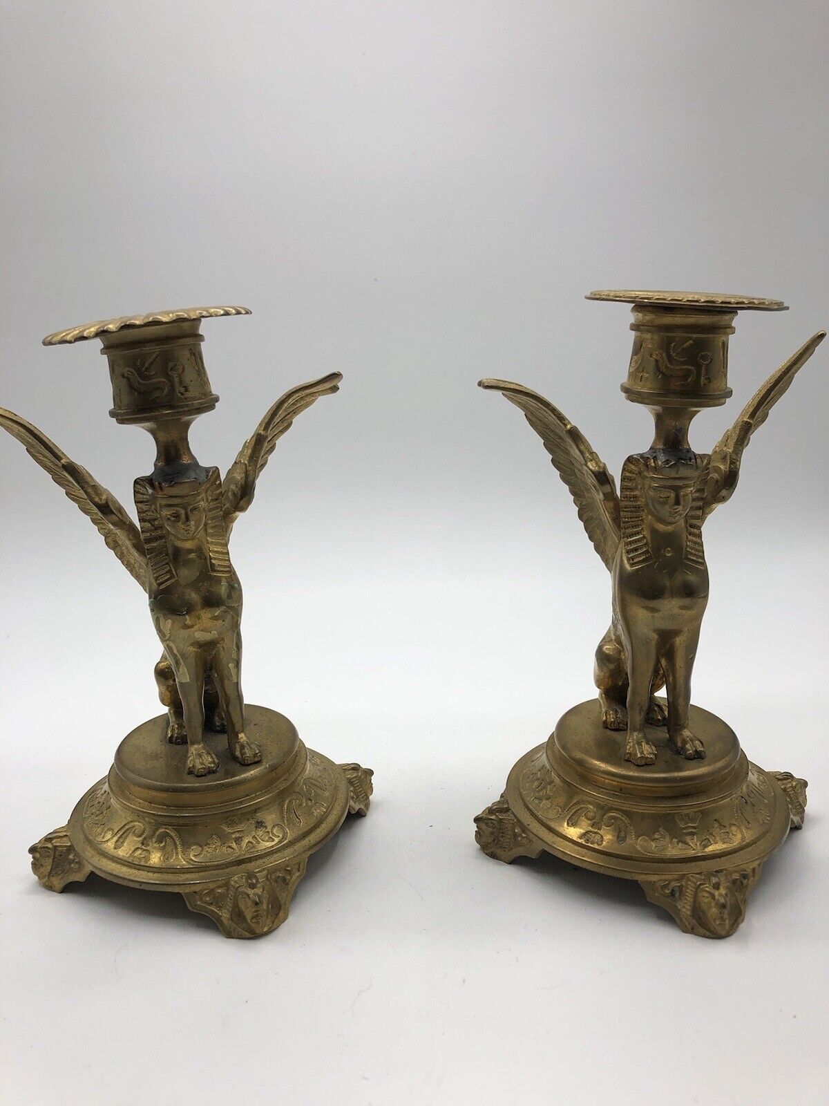 Brass Egyptian Revival  Pair Of  Sphinx Candlestick Holders