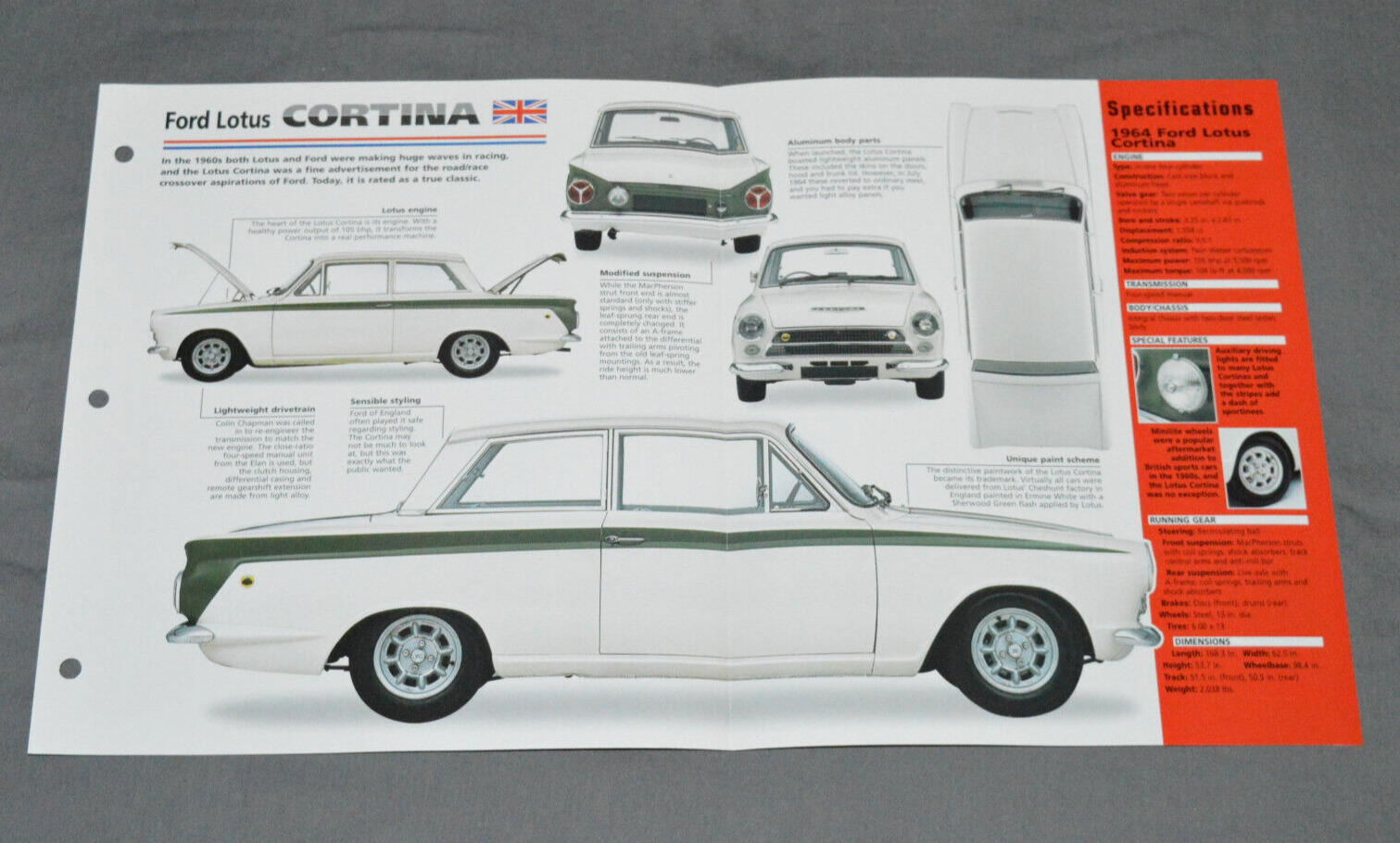 1963-1966 FORD LOTUS CORTINA 1964 British Car SPEC SHEET BROCHURE PHOTO BOOKLET