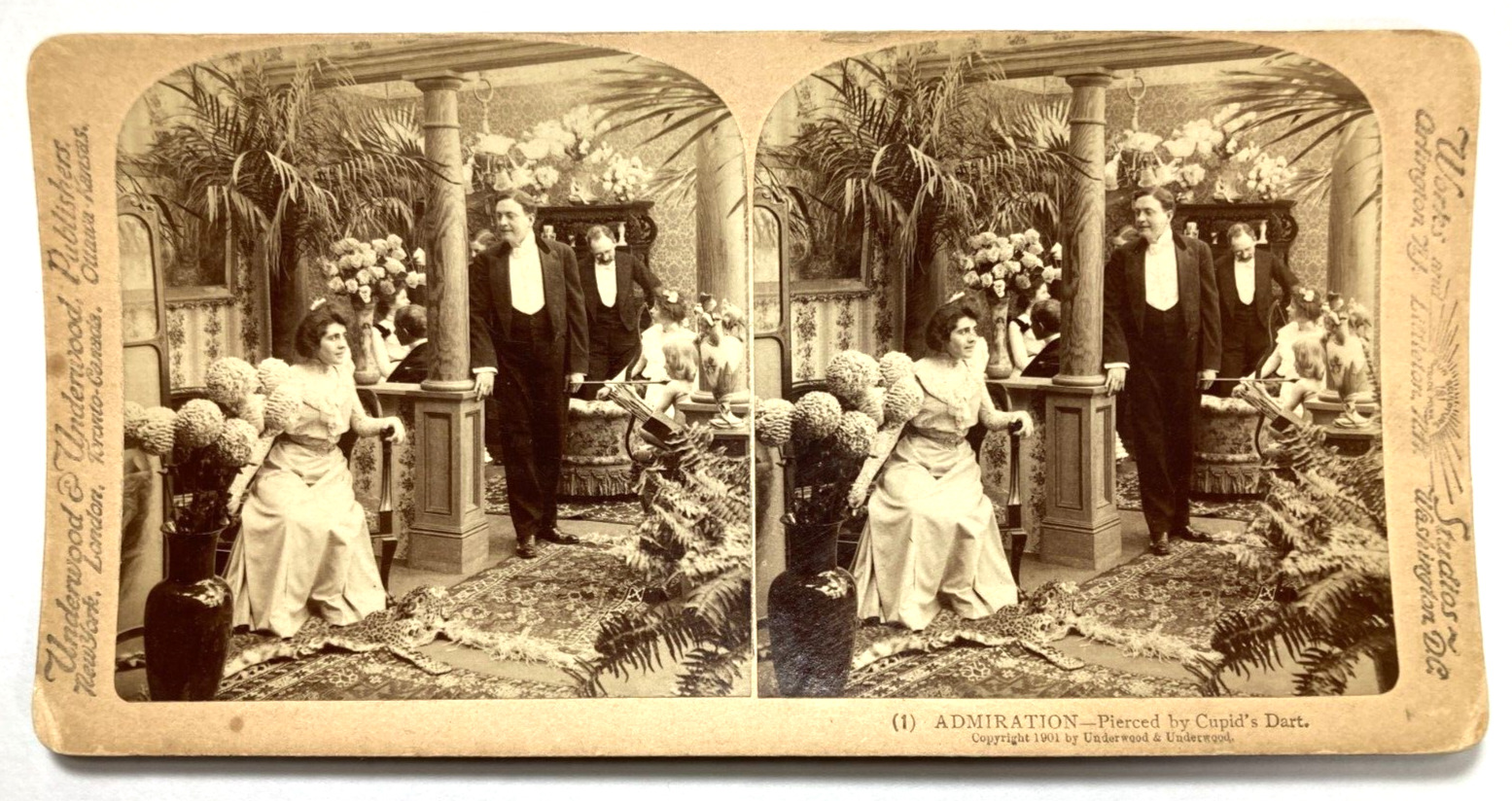 1901 STEREOVIEW Photo ADMIRATION Pierced By CUPIDS DART Men WOMEN Underwood Vtg
