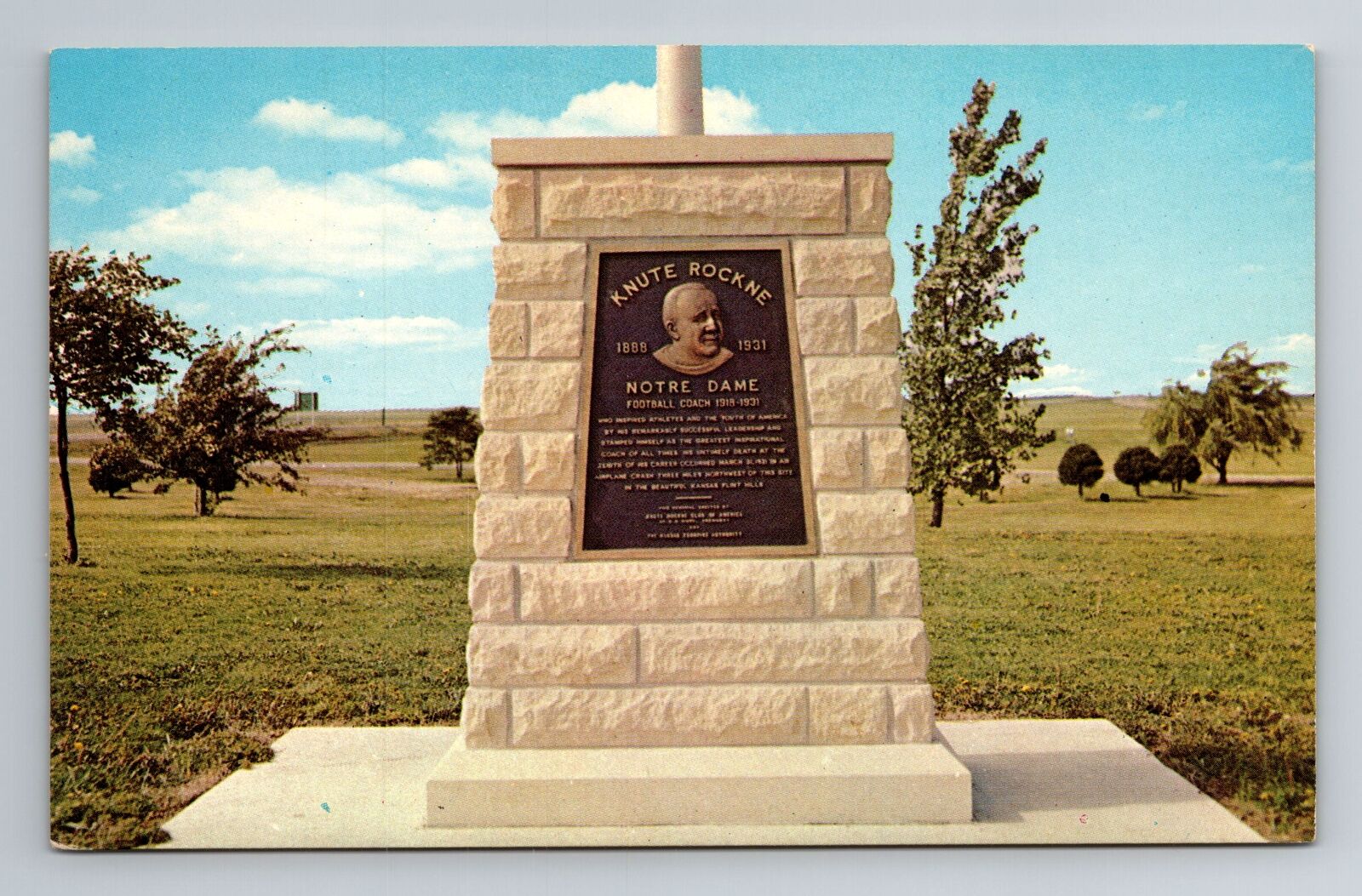 KS-Kansas, Knute Rockne Memorial, Antique Vintage Souvenir Postcard