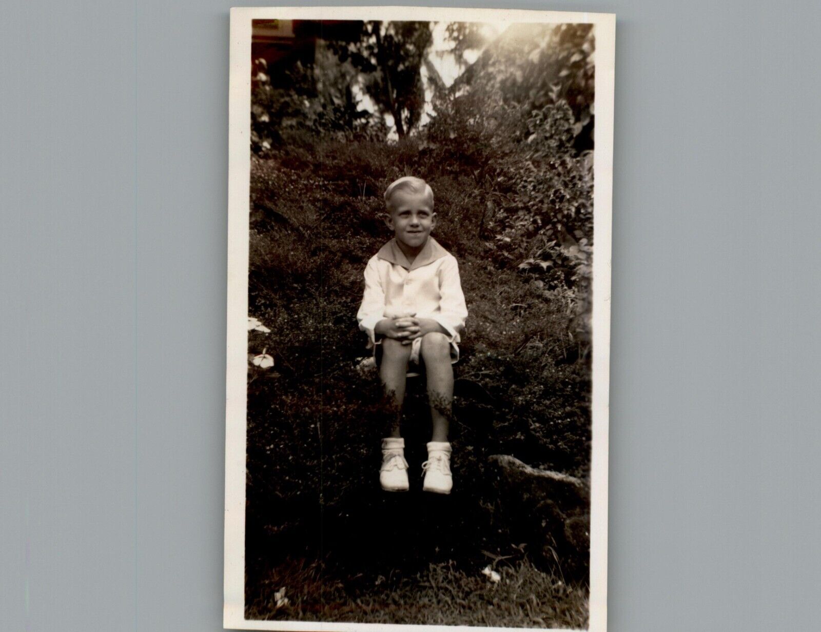 Antique 1940's Young Boy Sitting for Picture Black & White Photography Photo