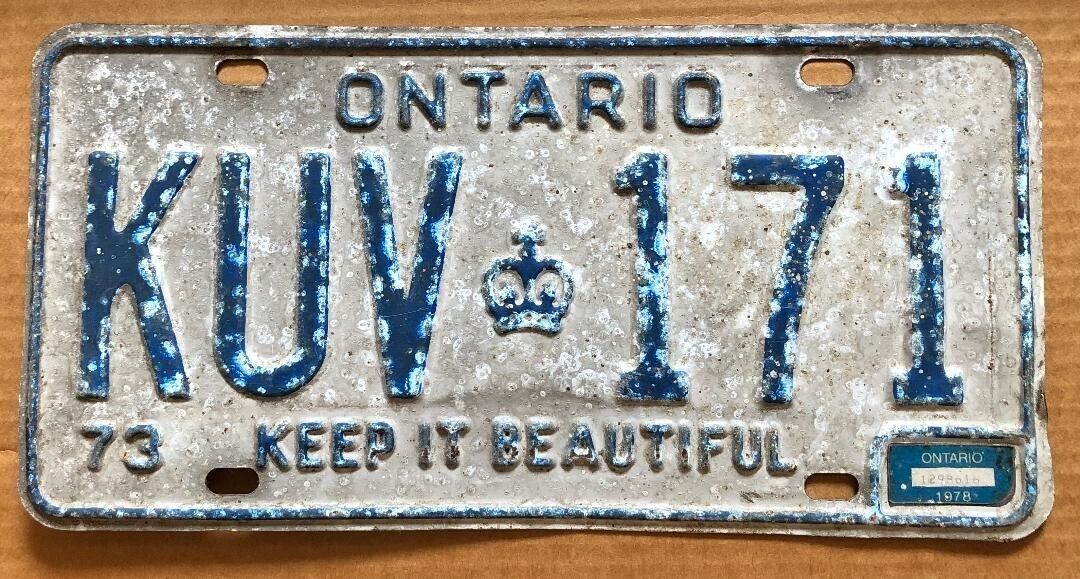 Vintage 1973 Ontario, Canada License plate #KUV-171 with Expiration sticker 1978