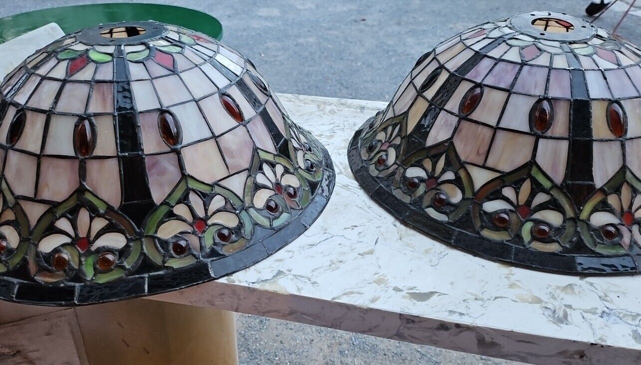 Vintage MATCHING PAIR jeweled Tiffany Style Stained Glass Lamp Shade 16\