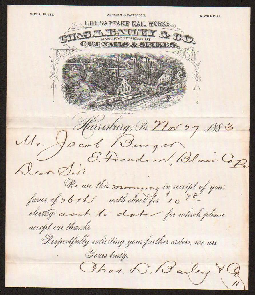 1883 Harrisburg Pa - Chas L Bailey & Co - Chesapeake Nail Works - Letter Head