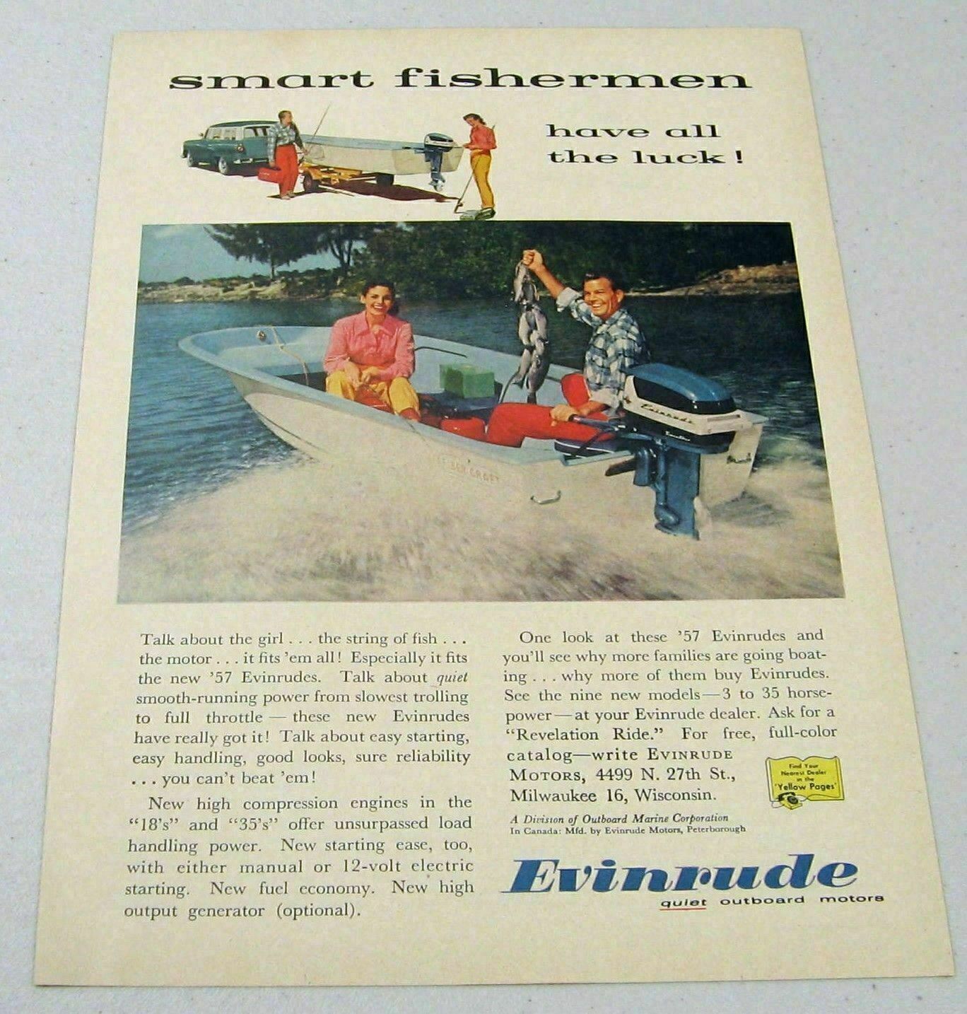 1957 Print Ad Evinrude Quiet Outboard Motors Fiber Craft Boat Milwaukee,WI