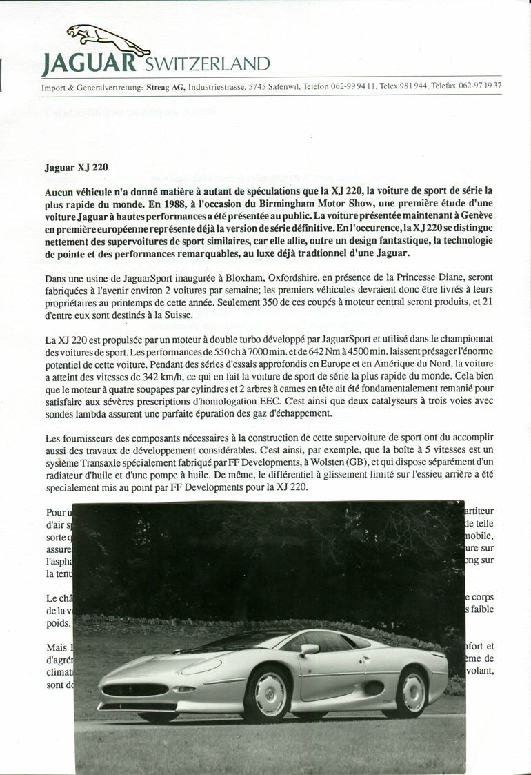 Jaguar XJ220 XJ40 XJ12 multi-language press pack 1992 + 8 press photos