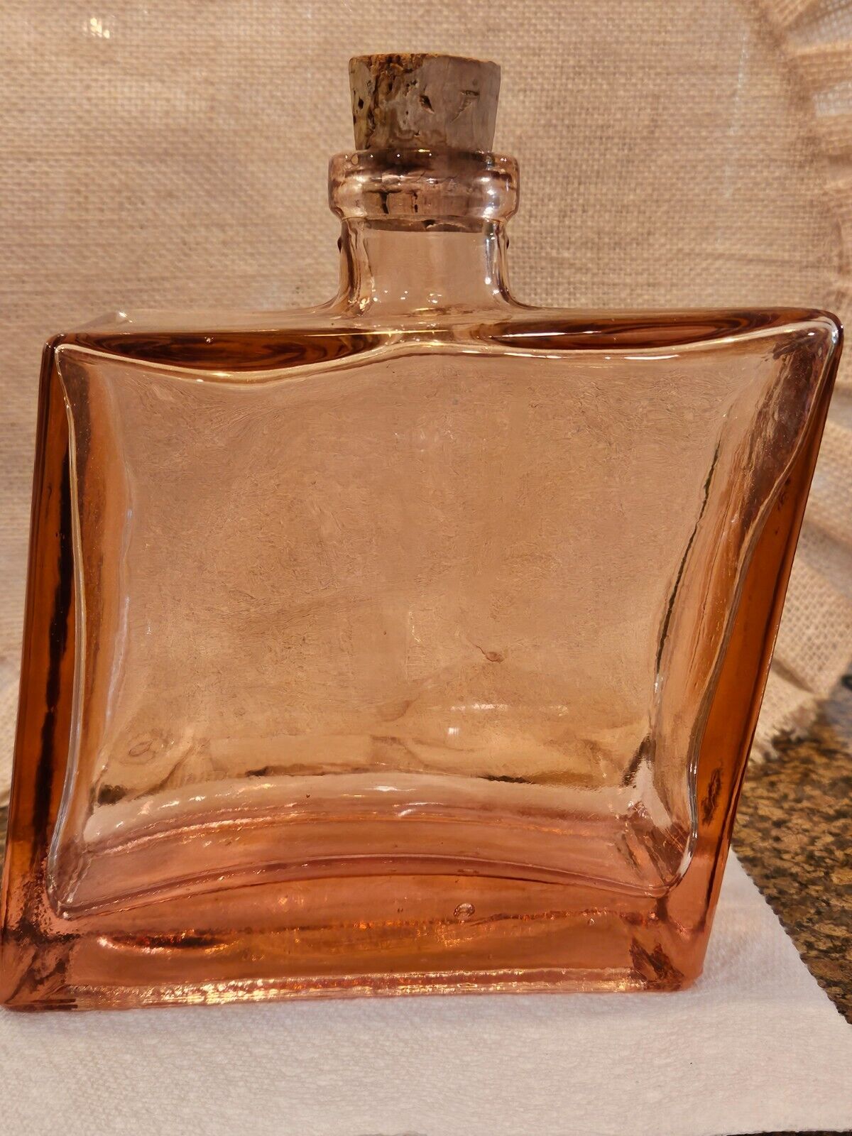 Vintage Pink Amber Thick Glass Asymmetrical Decanter With Cork Top MCM