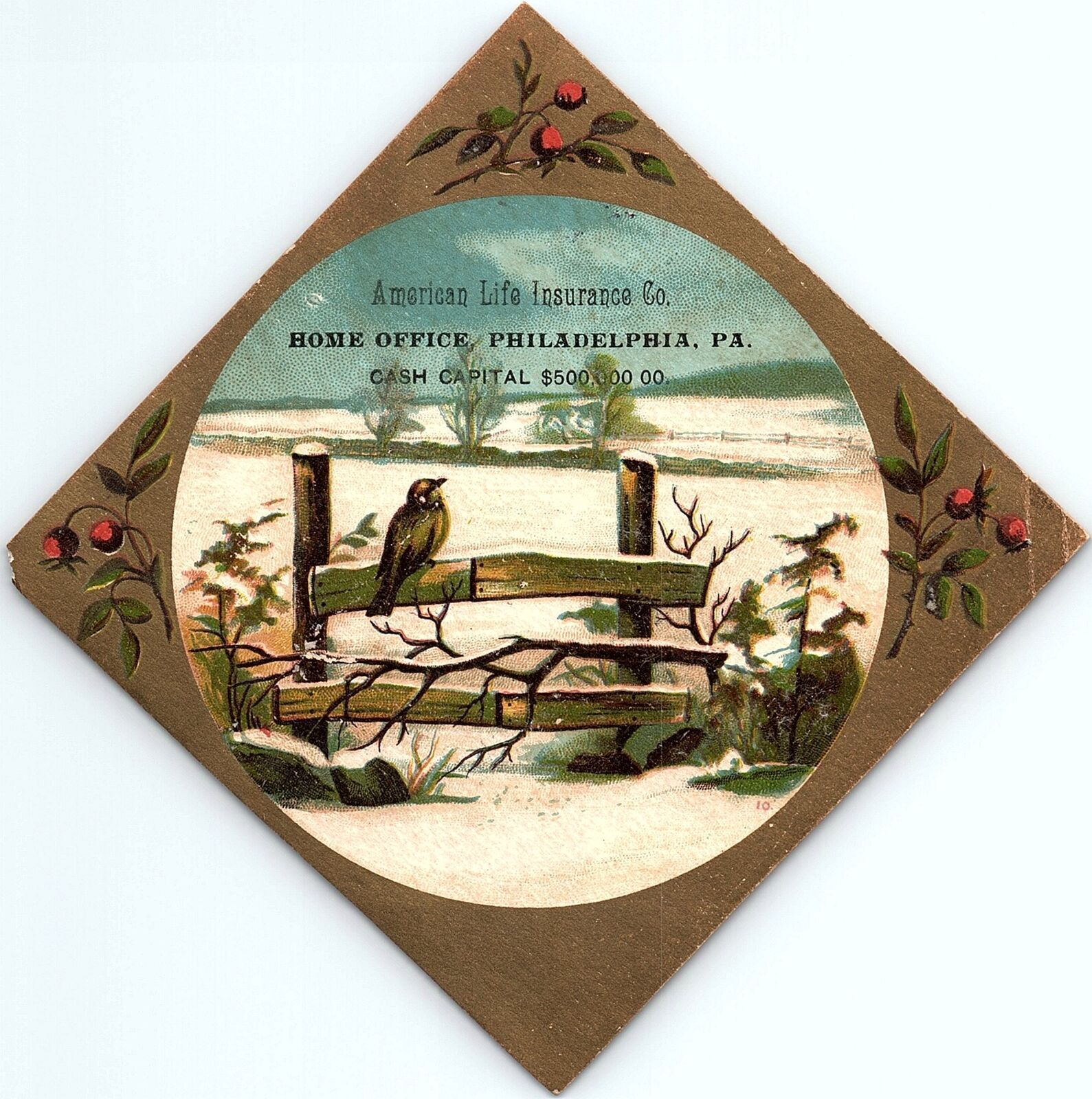 1880s AMERICAN LIFE INSURANCE CO PHILADELPHIA PA WINTER SCENE TRADE CARD 40-183