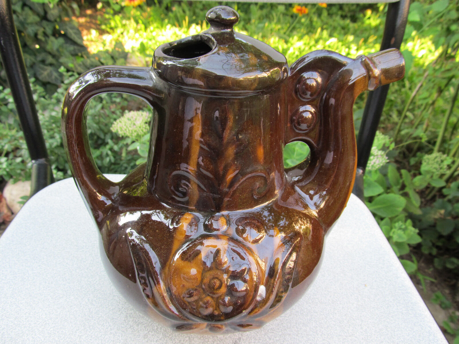 VINTAGE OLD GLAZED REDWARE CHARMING BROWN POTERY PITCHER JUG FOR RED WINE