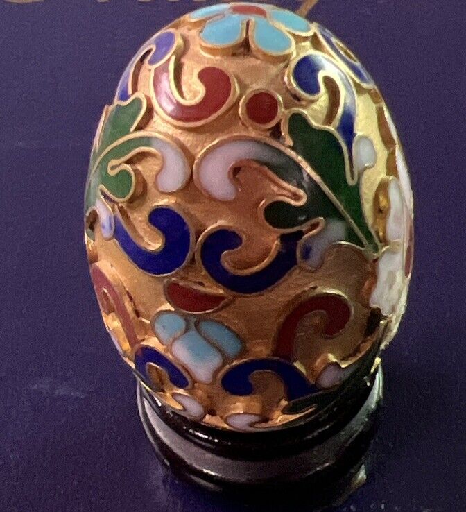 Vintage Chinese Cloisonne Floral Miniature Egg with Stand