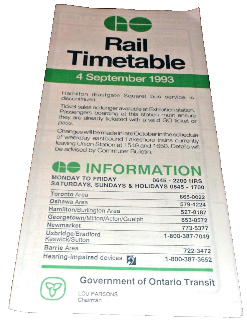 SEPTEMBER 1993 GO TRANSIT GO RAIL PUBLIC TIMETABLE