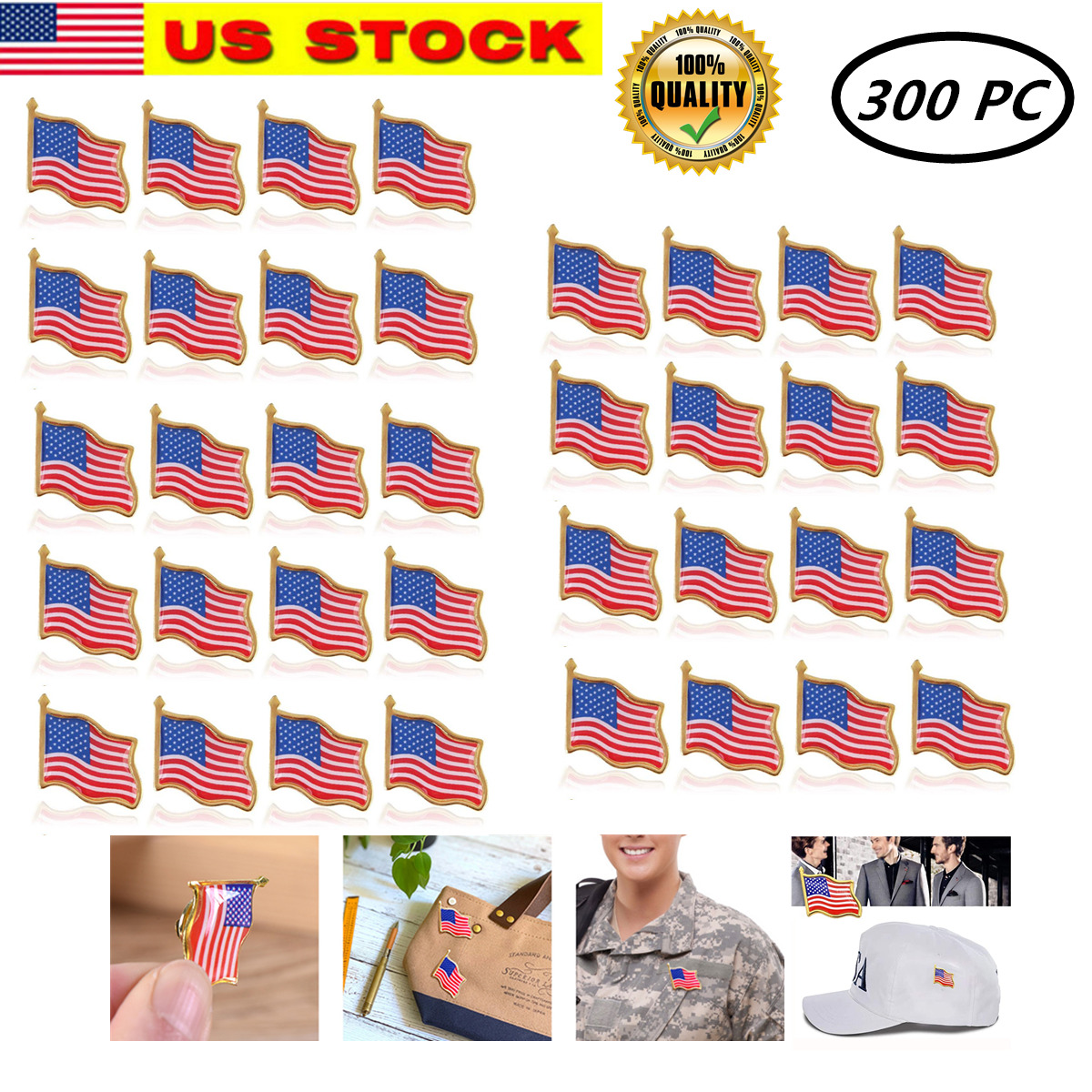 300 pcs Unisex American Flag US Lapel Pin United States USA Hat Tie Tack Badge 