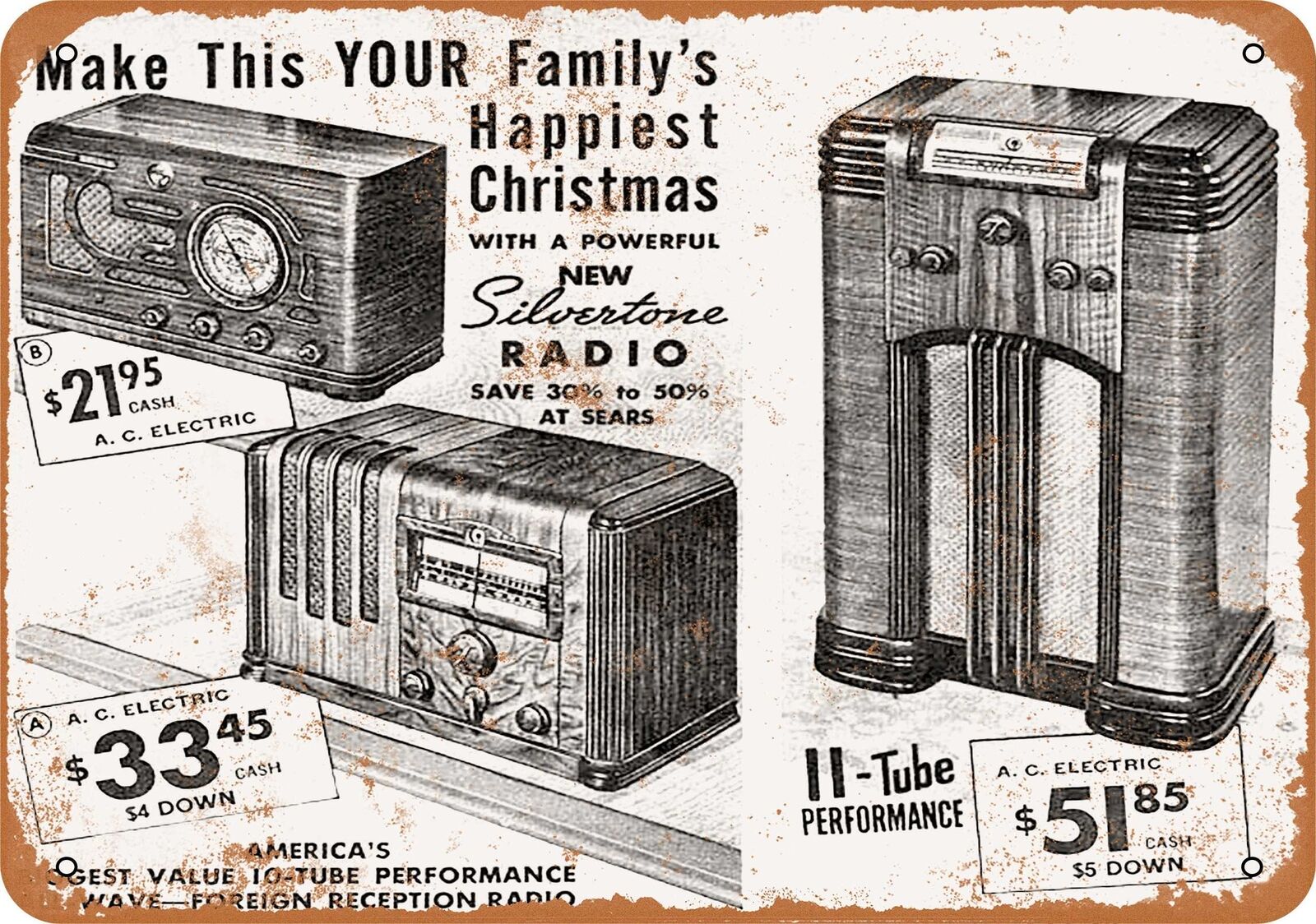 Metal Sign - 1937 Silvertone Tube Radios - Vintage Look Reproduction