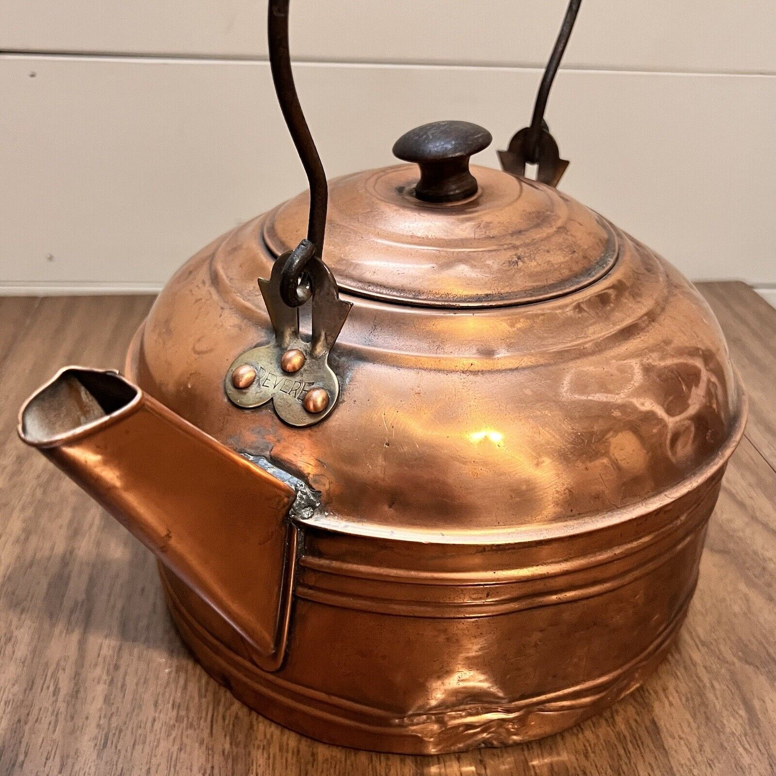 Antique Revere Copper Tea Kettle Water Warmer Wooden Handle and Knob