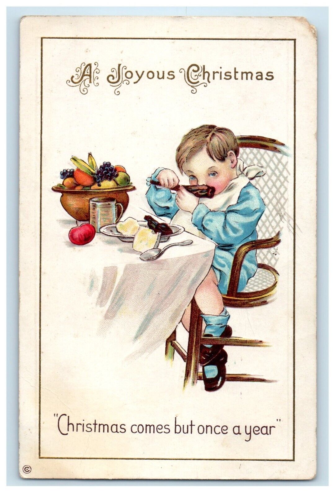 c1910's Joyous Christmas Boy Eating Pie Fruits Bowl Antique Embossed Postcard