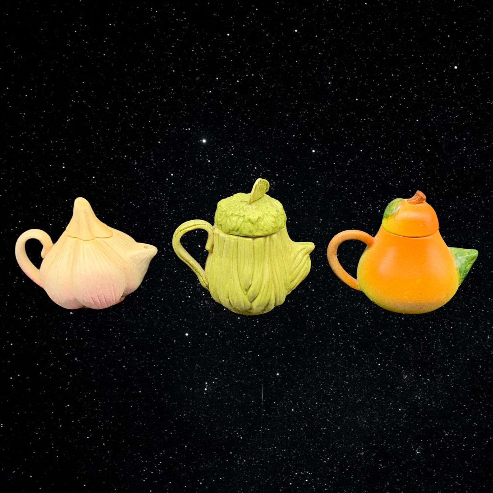 Vintage Miniature Fruit Vegetable Bisque Teapots Pear, Garlic, & Cabbage 2”T 2.5