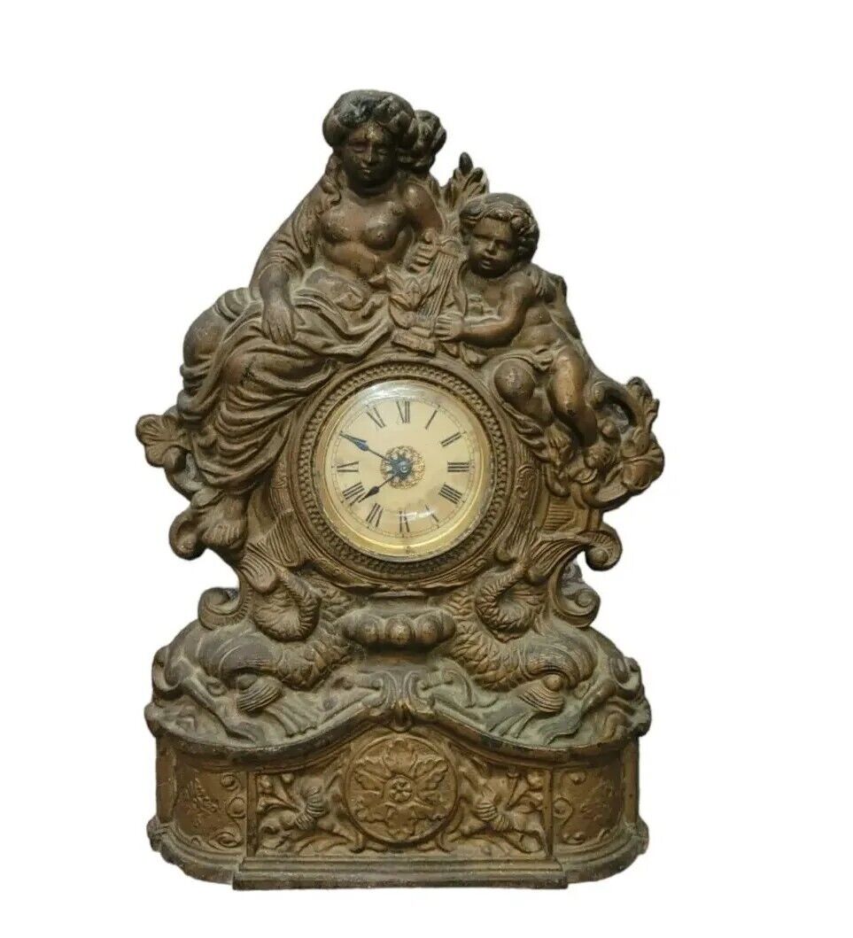 🕰🕰Large Antique Cast Iron & Copper Mantle Clock Cherubs & Harps c.1906🕰🕰