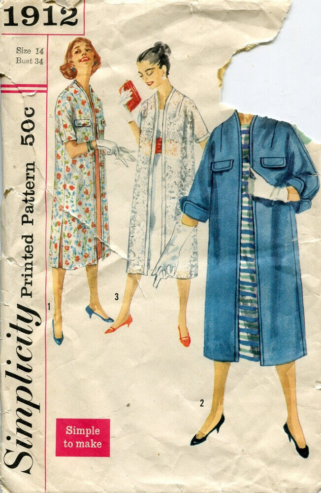 Vtg 1950s Simplicity Pattern 1912 Misses\' Coat or House Coat, Sz 14 (Bust 34)
