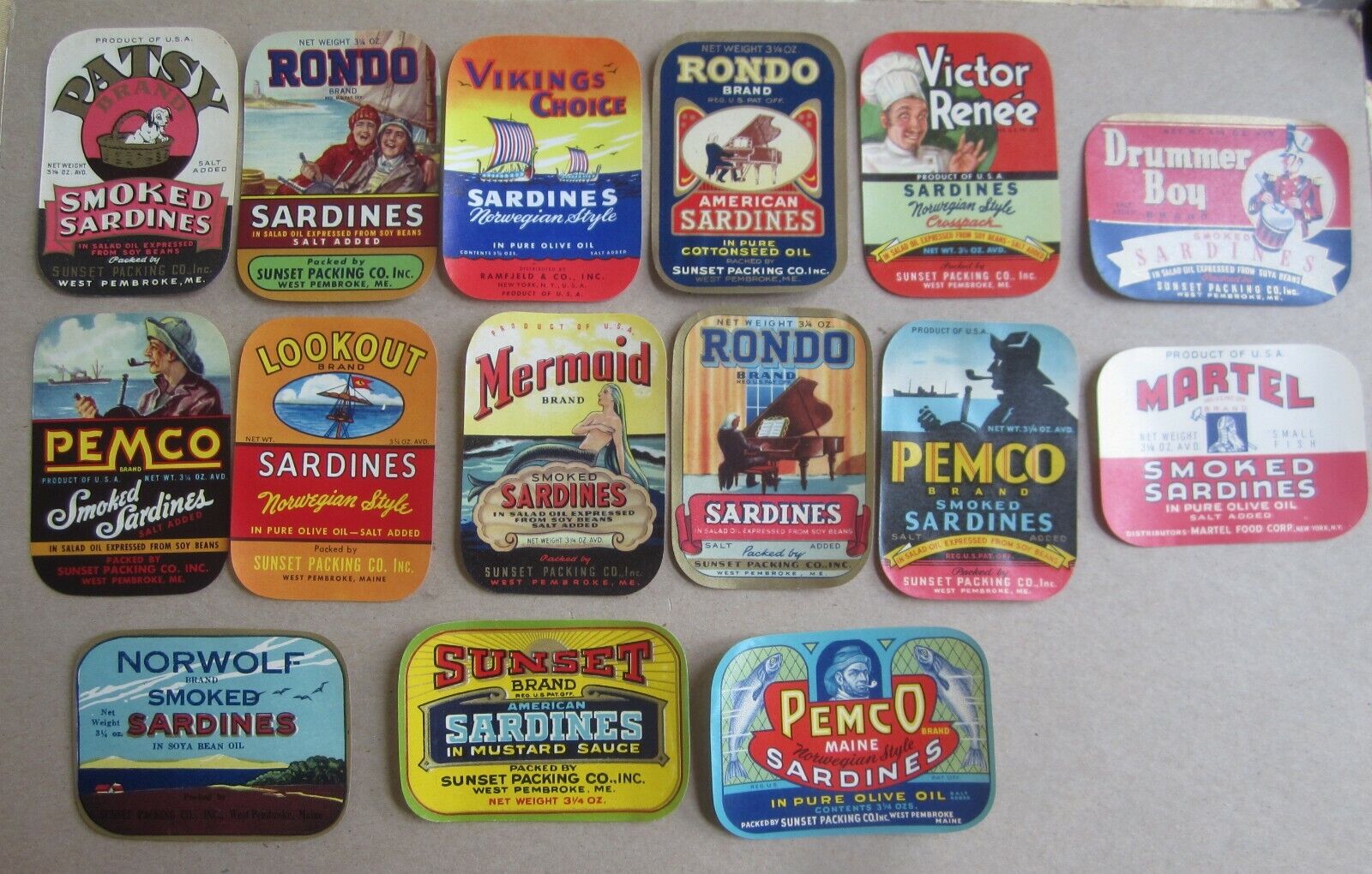 Lot of 15 Old Vintage c.1940's - SARDINE Can LABELS -  MAINE - Sardines 