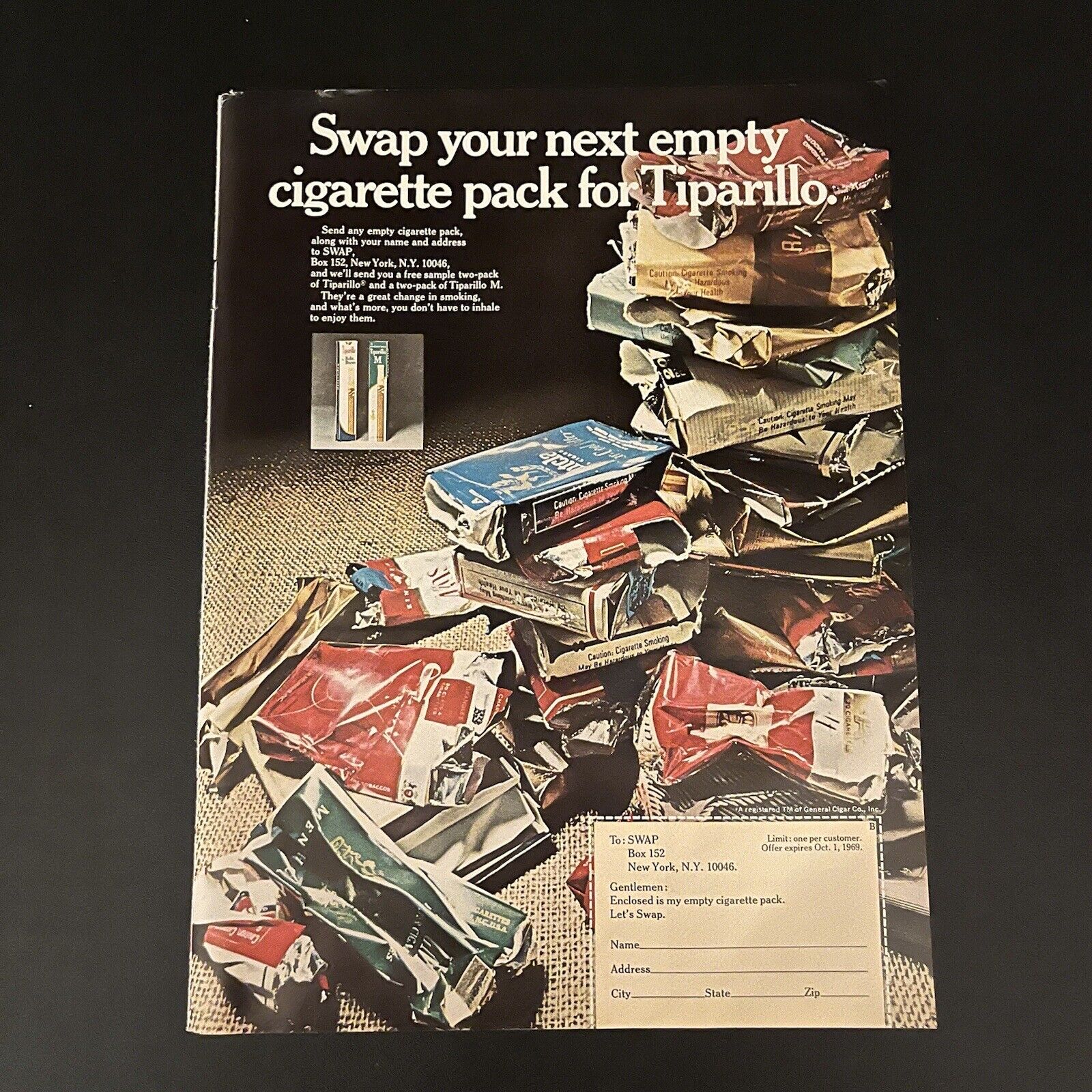 1969 Tiparillo Cigar Print Ad Cigarette Empty Pack Swap Original Vintage