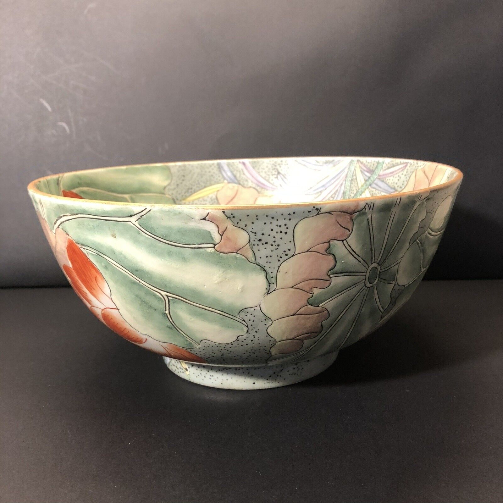 Rare 1970s Oriental Chinoiserie Chinese Large Hand-Painted Floral Bowl