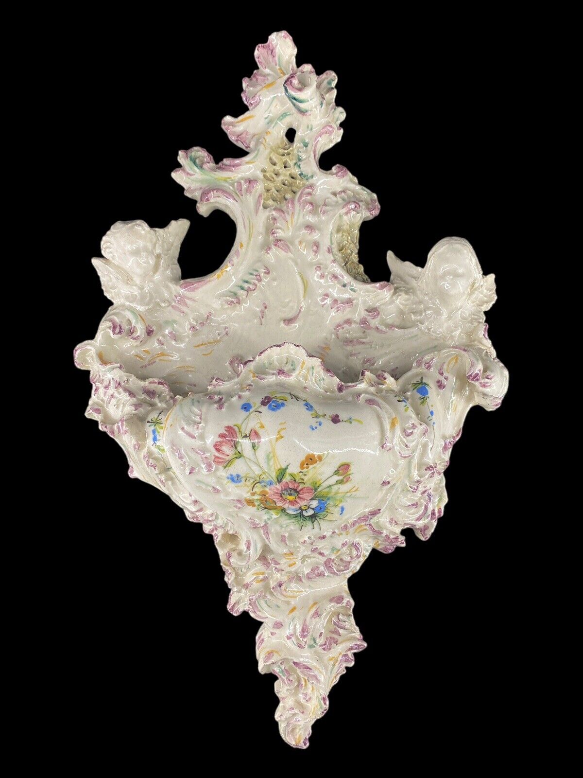 Antique European Porcelain Wall Pocket Vase Victorian Angel Cherubs Floral