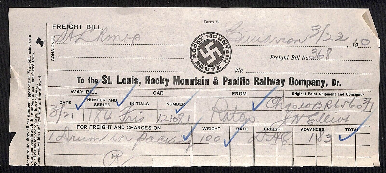 1910 / Pre WWII St. Louis, Rocky Mountain & Pacific Railways Freight Bill
