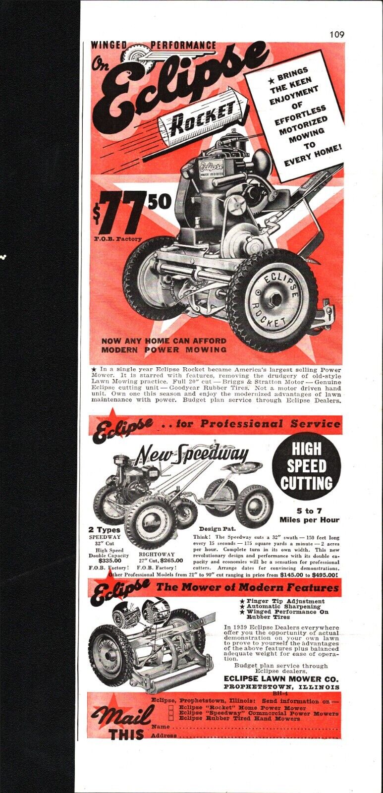 1939 ECLIPSE Rocket Power Lawn Mower Vintage Print AD  w/ Push & Professional a7