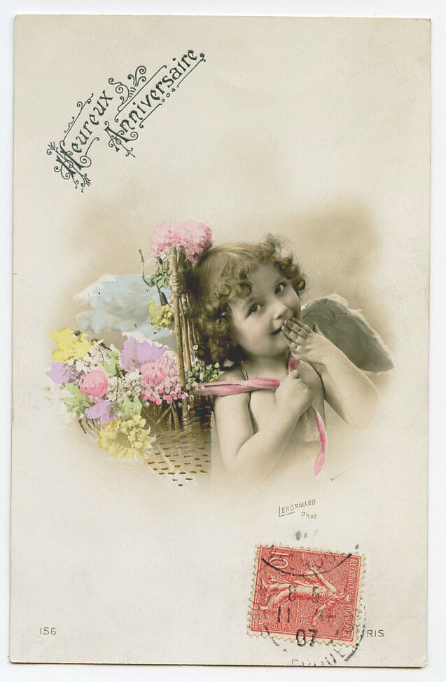 c 1907 Child Children DARLING LITTLE GIRL Cupid w/ Flowers photo postcard