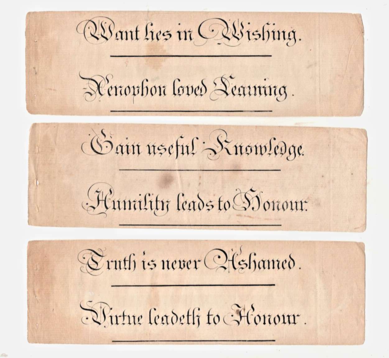THREE VINTAGE PAPER SLIPS-- 6 SAYINGS,c. 1780-1810...LIKELY FROM A SCHOOL.