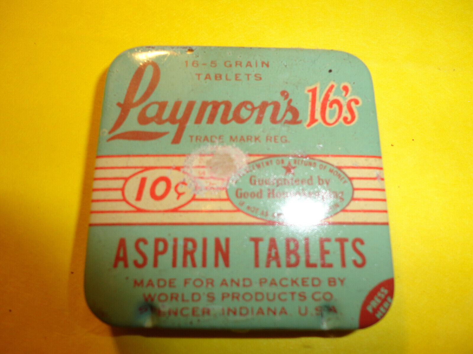 1930-40'S LAYMON'S 16'S ASPIRIN TABLETS TIN-WORLD PRODUCTS-SPENCER IND-HEADACHES