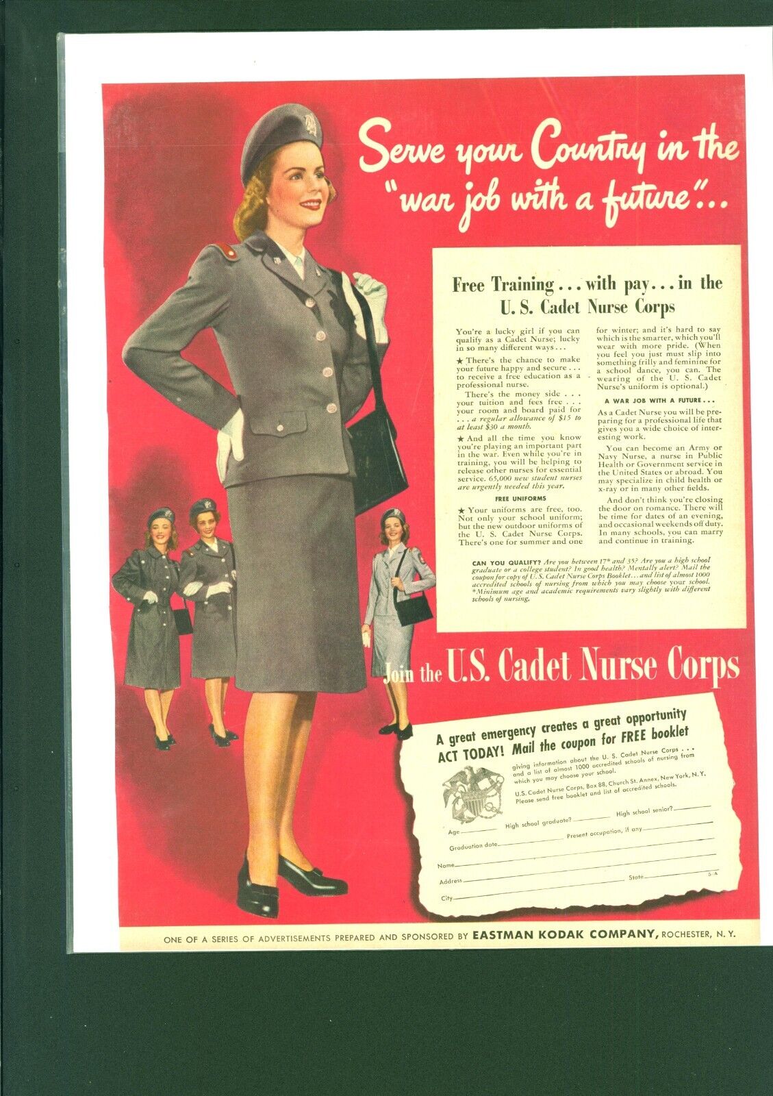 1944 WWII Vintage US Cadet Nurse Corps Color Print Ad Army War patriotic