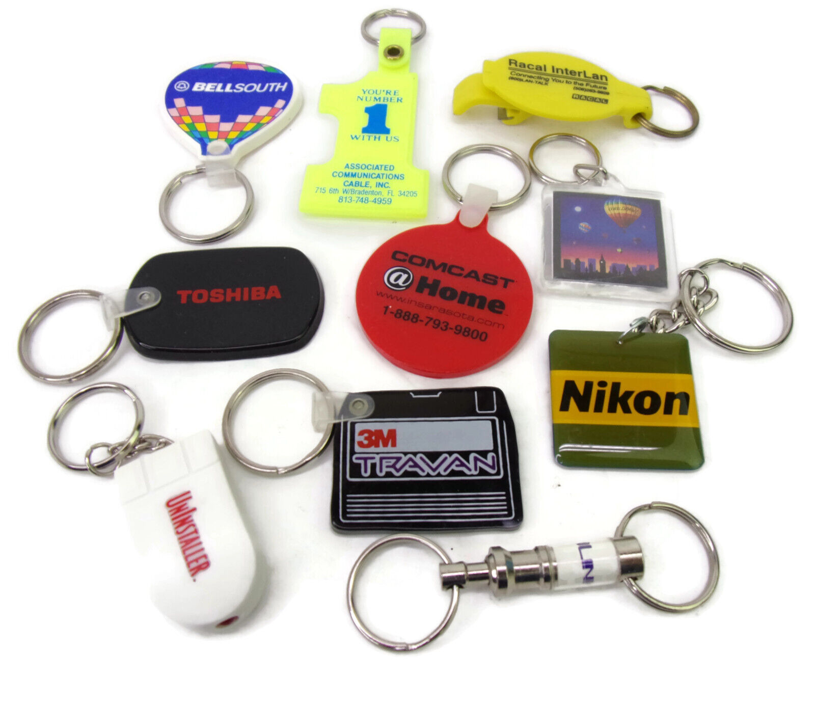 Lot Of 10 Assorted Technology Themed Keychains ~ Bell South Corel Nikon 3M ~