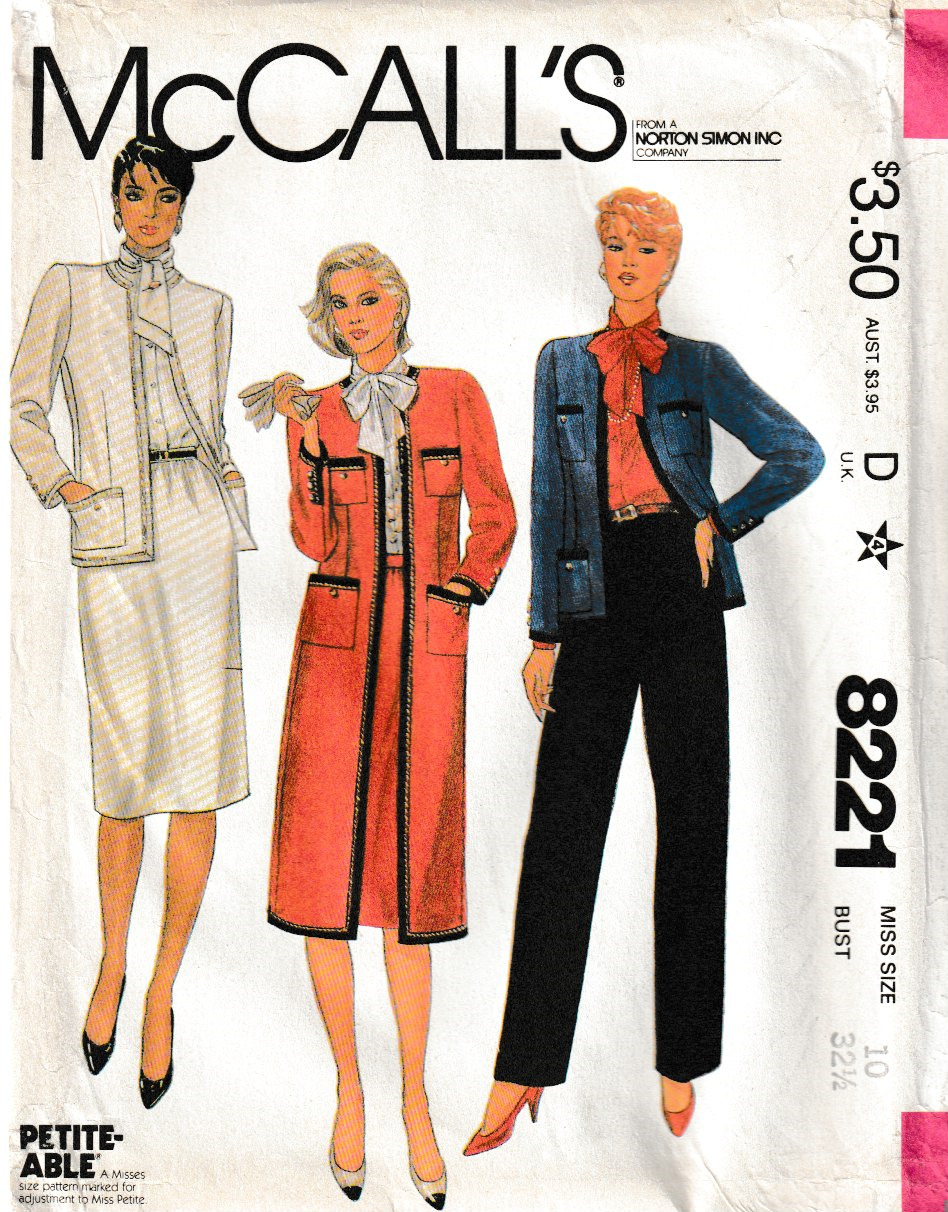 McCall's Pattern 8221 Misses Elegant Long Suit Jacket, Size 10, FF