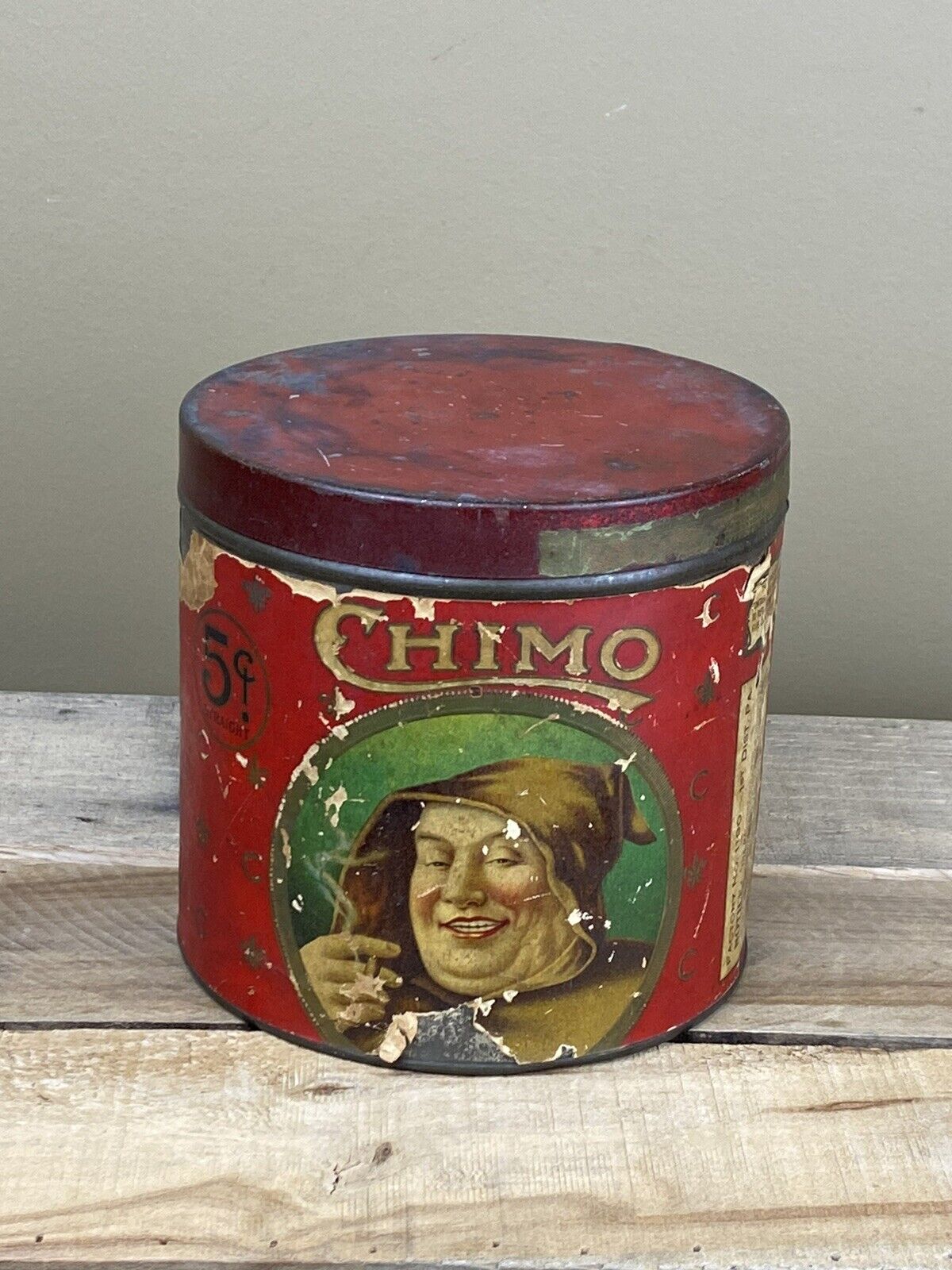 Rare Antique 1890s Paper Label CHIMO 50 Cigar Humidor Tin with Lid - 5 Cents