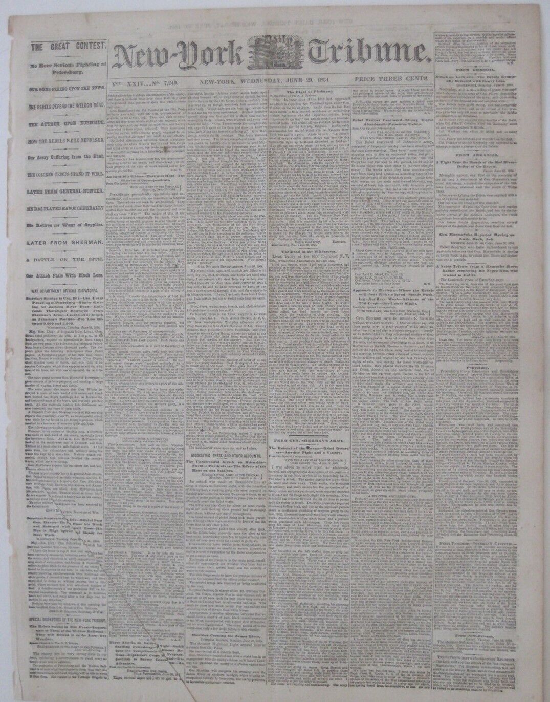 Original 1864 New-York Tribune 8-Page Civil War Newspaper SHERMAN Cobb County GA