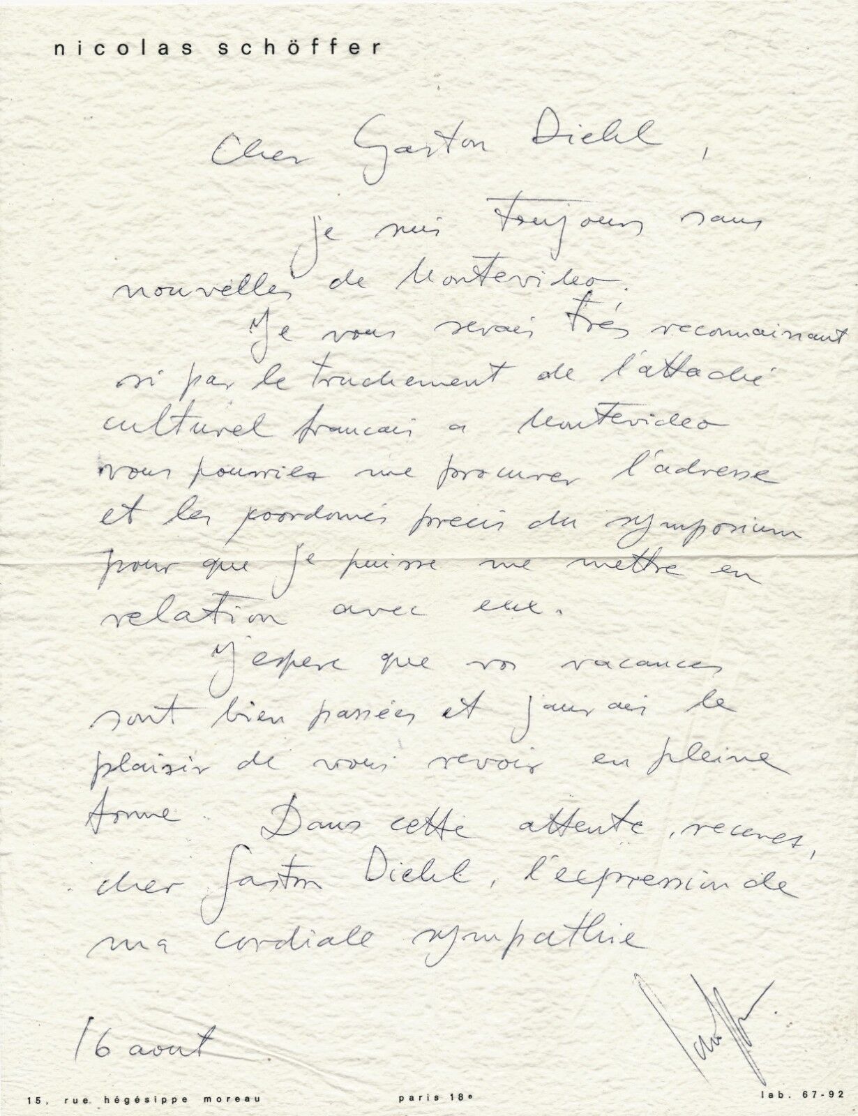 art Nicolas SCHÖFFER (1912-1992) autograph letter signed Gaston DIEHL