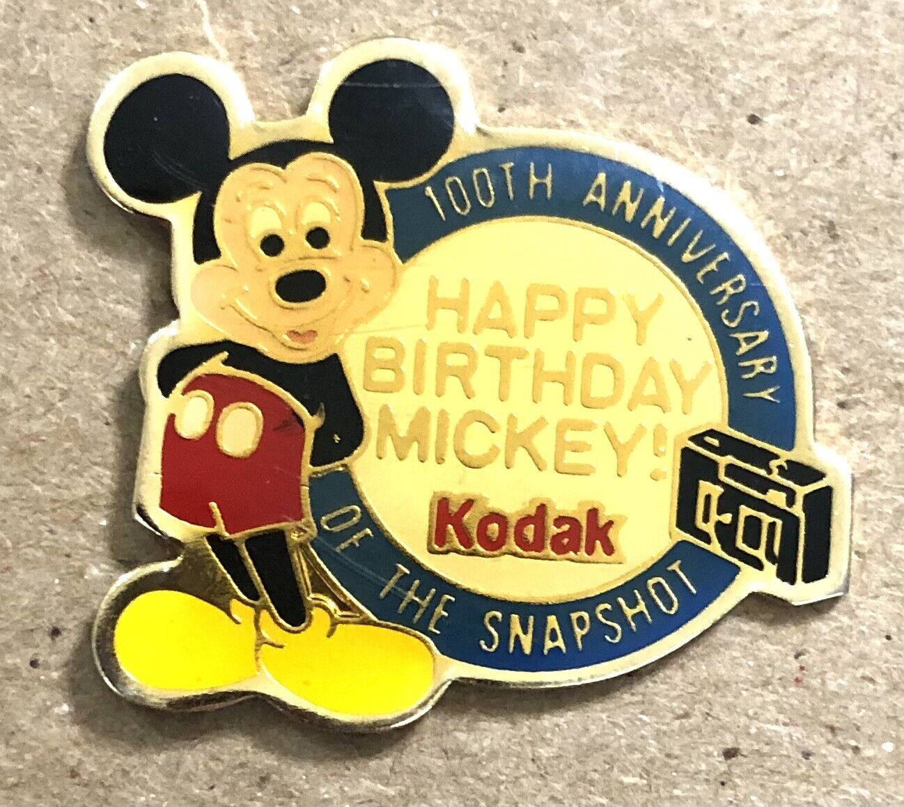 Vintage Kodak 100th Anniversary Mickey Mouse Gold Tone Metal Lapel Pin EUC