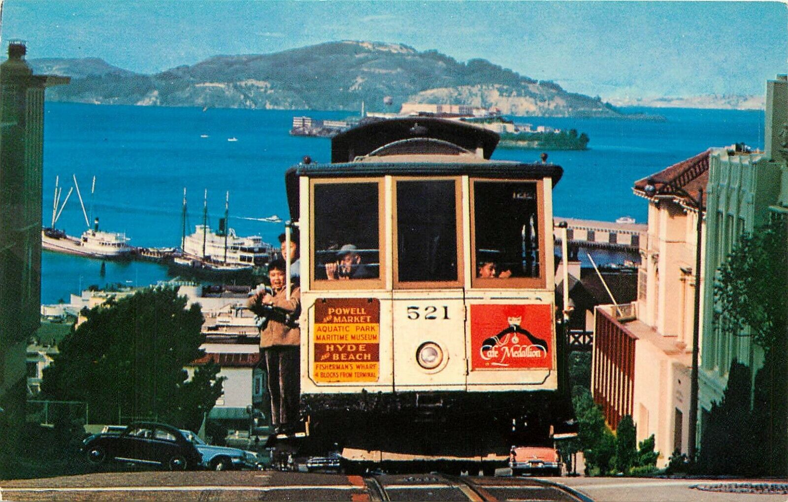 Cable Car Hyde St Hill Alcatraz San Francisco Bay California CA Postcard