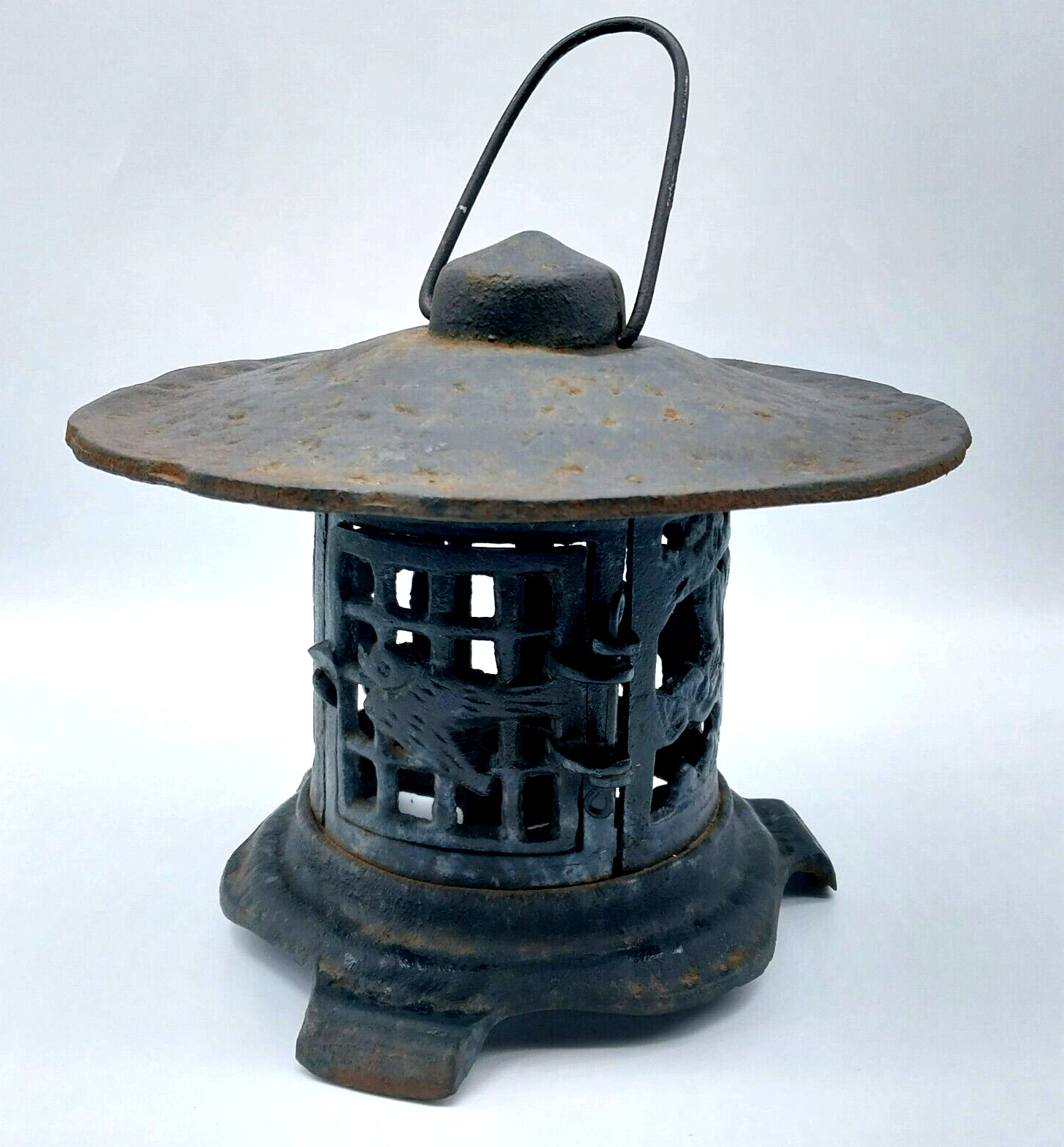 Vintage Japanese Cast Iron Hanging Garden Lantern Pagoda Birds Bamboo Trees
