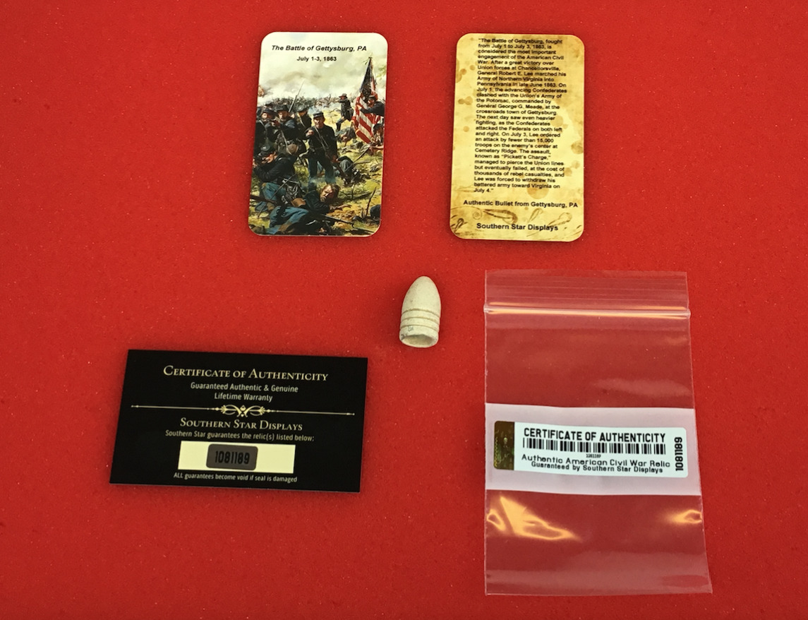 Dropped Civil War Relic Bullet from Gettysburg, PA with Information Card & COA
