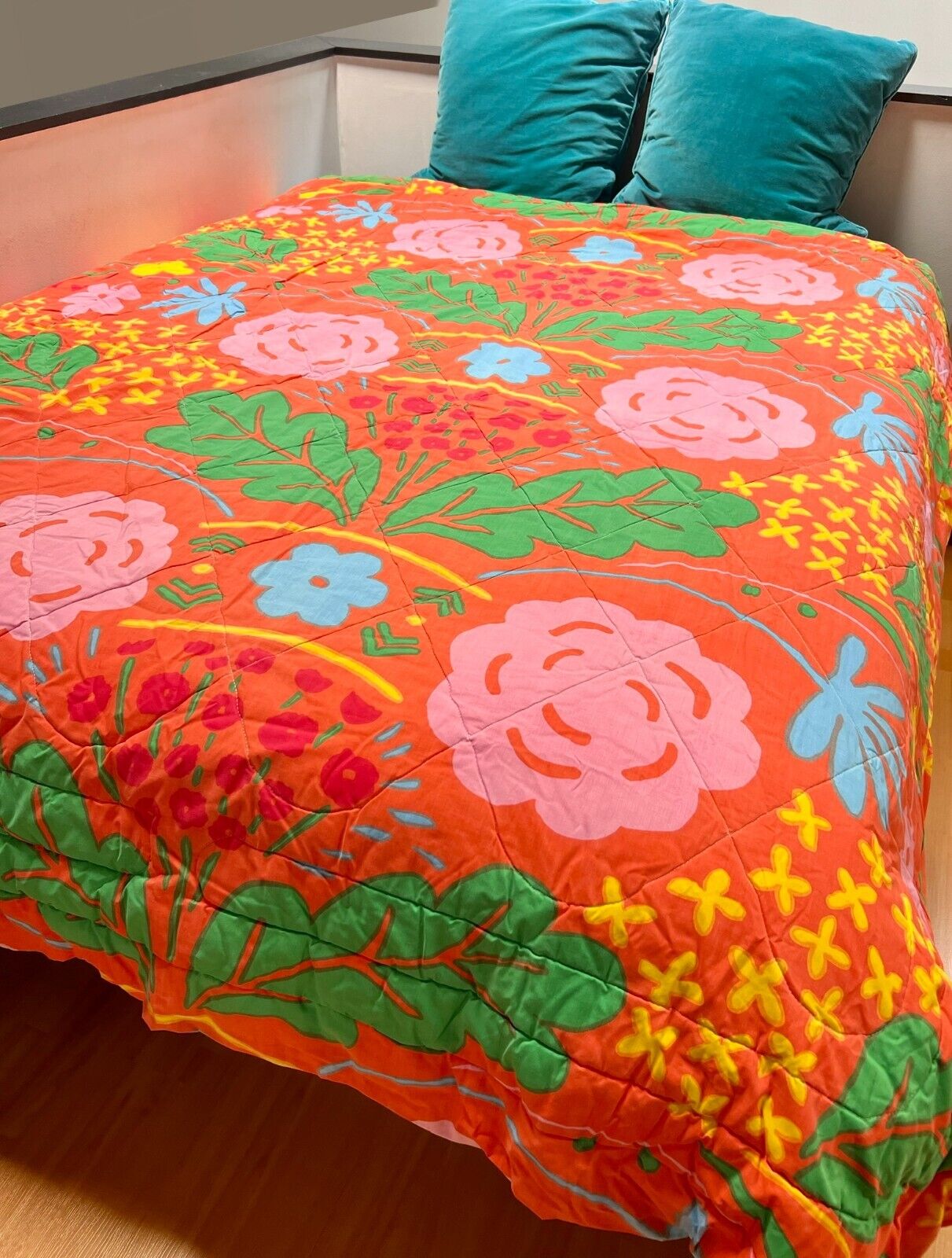 RARE Vintage Marimekko Onni Comforter - Full/Queen - Mod Orange Floral Bedspread